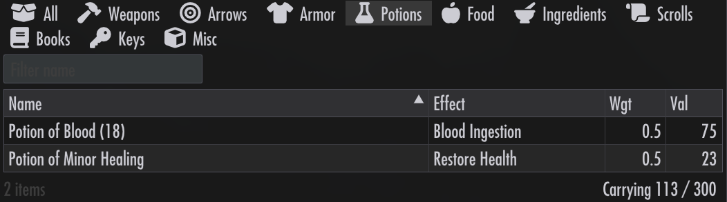 Inventory potions