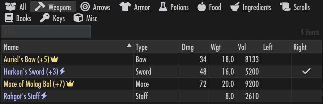 Inventory weapons