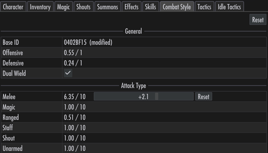 Adjusting Melee preference with its slider and Reset controls