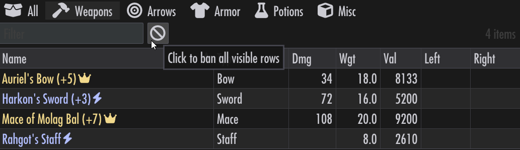 Ban or unban all filtered weapons